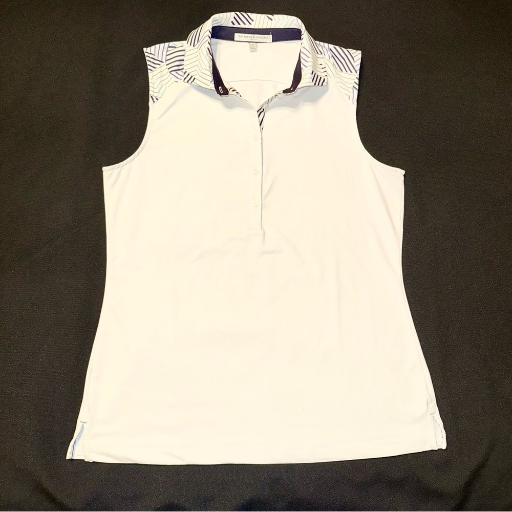 Fairway & Greene White Sleeveless golf shirt navy accents size medium